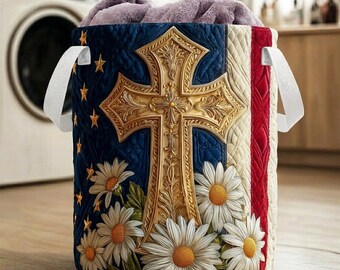 Christian Cross Laundry Basket, Daisy Floral Hamper, Faith Laundry Bin, Religious Home Decor Storage Basket, Christian Gift, Cross Flag USA