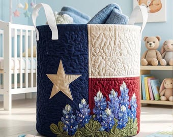 Texas Flag Laundry Basket, Bluebonnet Storage Bin, Rustic Farmhouse Laundry Hamper, Western Home Decor Organizer, Bluebonnet Texas Gift