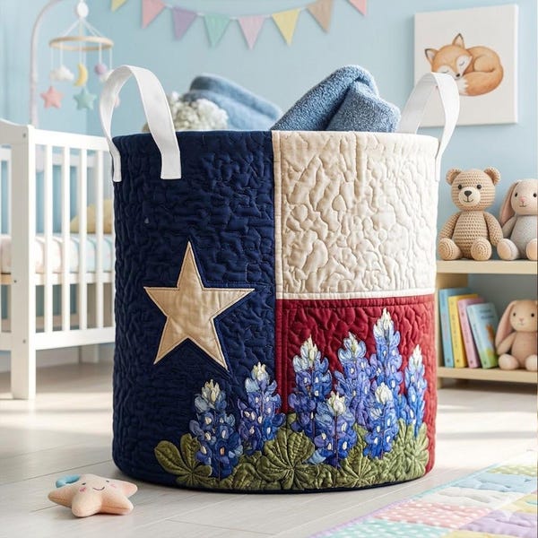 Kosz na pranie z flagą Teksasu, pojemnik do przechowywania Bluebonnet, rustykalny kosz na pranie w stylu farmhouse, organizer do wystroju wnętrz w stylu western, prezent Bluebonnet Texas