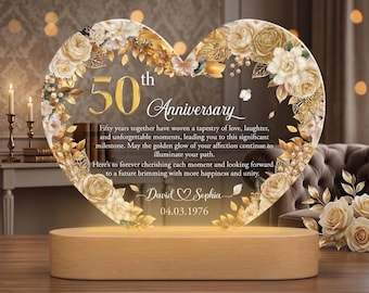 Personalized 50th Wedding Anniversary Night Light, 50 Gold Wedding LED Lamp Gift For Parents, Golden 50 Anniversary Gift, Husband Gift