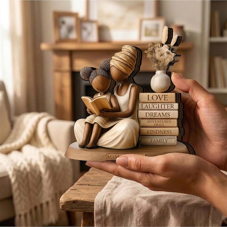 May include: A brown figurine depicts a mother and child reading a book. The figurine has a stack of books with words like "Love" and "Family." A small vase with dried flowers sits next to the books. The figurine is held in a person's hands.