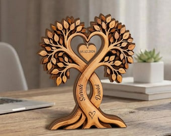 Personalisiertes Paar Herz Baum Holzblock, benutzerdefiniertes Paar Namensschild, Hochzeitstag Geschenk, rustikale Hochzeitsgeschenke, gravierte Holztafel