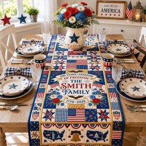 Camino de mesa personalizado America 250, decoración patriótica con nombre familiar personalizado, centro de mesa del Día de la Independencia 1776-2026, camino de mesa para el comedor del 4 de julio