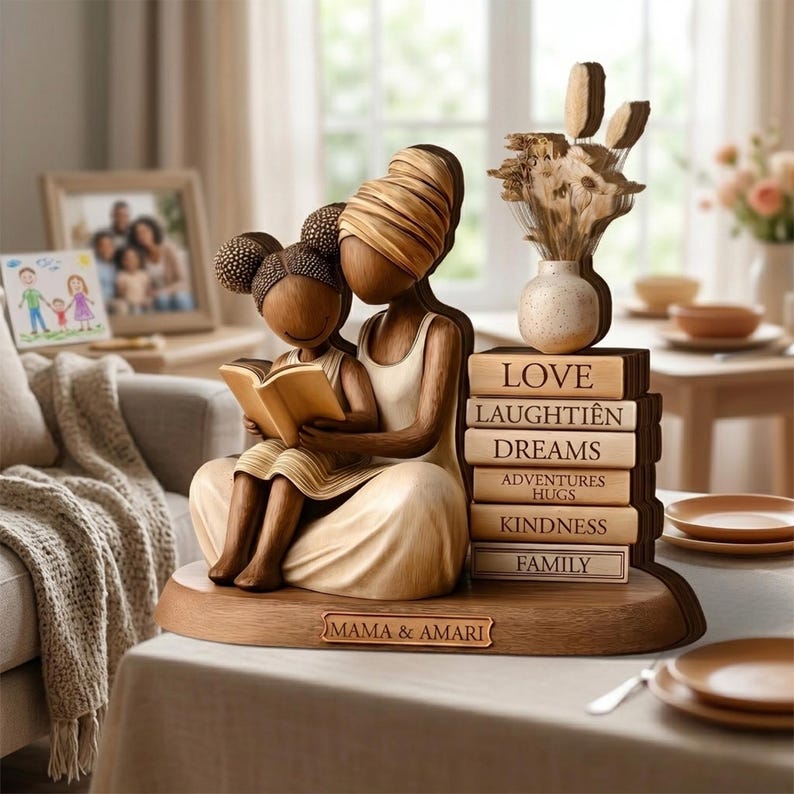 May include: A wooden sculpture of a mother and child reading a book, with the words "Mama & Amari" on the base. A stack of books with words like "Love" and "Dreams" is next to them. The sculpture is in a room with a framed family photo.
