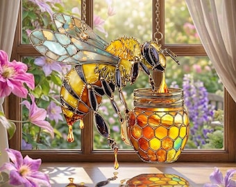 Bee Honeycomb Acrlyic Suncatcher, Bee Window Hanging, Honeybee Gift for Garden Lover, Nature Window Decor, Bee Honeycomb Garden Gift