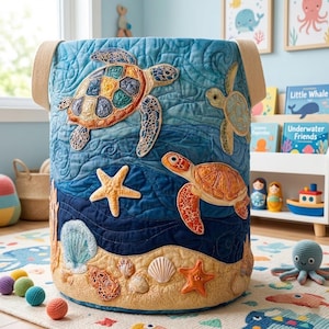 Könnte beinhalten: Eine runde, blaue Stoff-Aufbewahrungsbox mit einem Schildkröten-Design. Die Box zeigt applizierte Meeresschildkröten, Seesterne und Muscheln. Der Hintergrund ist eine gesteppte Ozeanszene mit Wellen und Sand.