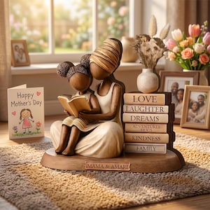May include: A wooden sculpture of a mother and child reading a book, with a stack of books labeled "Love, Laughter, Dreams, Adventures, Hugs, Kindness, Family." A "Happy Mother's Day" card and family photos are also present.