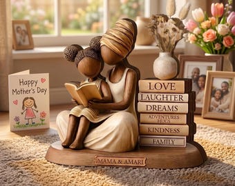 May include: A wooden sculpture of a mother and child reading a book, with a stack of books labeled "Love, Laughter, Dreams, Adventures, Hugs, Kindness, Family." A "Happy Mother's Day" card and family photos are also present.