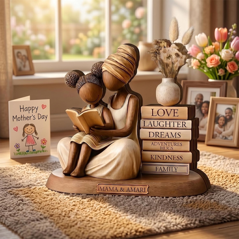 May include: A wooden sculpture of a mother and child reading a book, with a stack of books labeled "Love, Laughter, Dreams, Adventures, Hugs, Kindness, Family." A "Happy Mother's Day" card and family photos are also present.