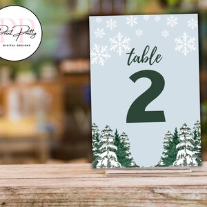 Winter Tischnummer Karten - Druckbare Download Ständer - Baum Wald Blume Schnee Kleinkind Party Datei Hochzeit Braut Sommer November Dezember