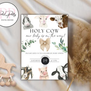 Farm Animal Baby Shower Invitation - Printable Download Invite - Holy Cow Flowers Floral Birth Party File Custom Girl Boy Gender
