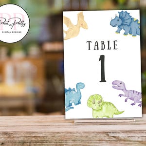 Dinosaurus tafelnummerkaarten - afdrukbare downloadstandaards - baby's peuter feestbestand bruiloft bruids Dino Roar Rex jongen meisje verjaardag tafels