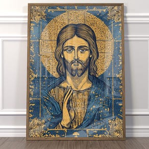 Byzantine Icon Art Print, Jesus Christ Illustration, Christian Religious Wall Decor, Gold and Blue Mosaic Style, Spiritual Home Decoration