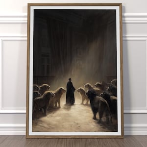 May include: A painting depicting a figure in a dark room, standing before a group of lions. The figure is wearing a dark robe, and the lions are all gazing at the figure.