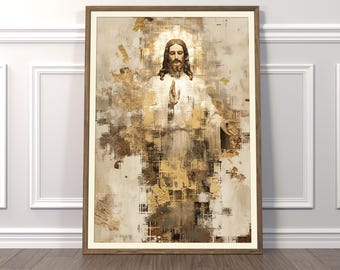 Abstrakt Jesus Christus Print: Gold & Erdtöne, spirituelle Wandkunst