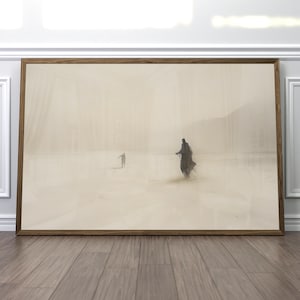 May include: A black and white photograph of two figures walking in a foggy, desert-like landscape. The figures are silhouetted against the white background, and the fog creates a sense of mystery and isolation.