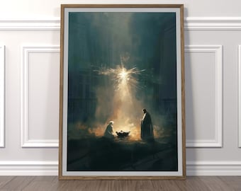 Nativity Scene Wall Art, Impressionistic Christmas Art, Holy Family Religious Wall Decor, Birth of Jesus Painting, Spiritual Home Decoration