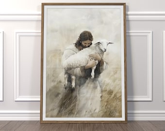 Jesus und Lamm Druck: Christliche Schriftkunst, religiöses Wohndekor