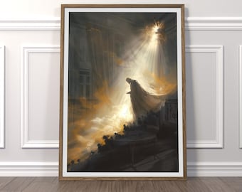 May include: A painting depicting a figure in a white robe standing in a beam of light. The figure is surrounded by a crowd of people.