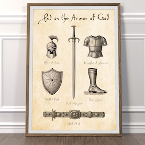 Puede incluir: Una ilustración de estilo vintage de la Armadura de Dios, que representa un casco, una coraza, un escudo, una espada, sandalias y un cinturón. El texto "Ponte la Armadura de Dios" está en la parte superior de la imagen. Cada pieza de armadura está etiquetada con su atributo espiritual correspondiente.
