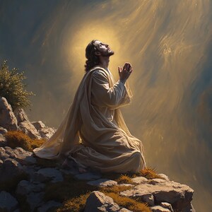 K&ouml;nnte beinhalten: Ein Gem&auml;lde, das einen Mann zeigt, der auf einem felsigen Kliff kniet und betet, w&auml;hrend ein helles Licht vom Himmel &uuml;ber ihm herabscheint.