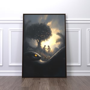 Adam and Eve Fall of Man painting, framed canvas print, rustic Christian decor, scripture serpent art, biblical home decor, faith based gift
