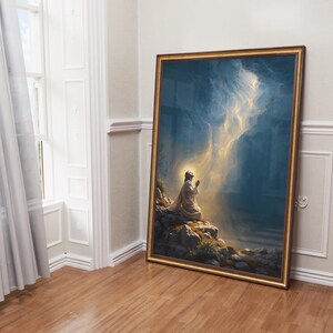 K&ouml;nnte beinhalten: Ein Gem&auml;lde, das eine Person zeigt, die auf einem felsigen Kliff kniet und zu einem hellen Licht in den Wolken aufblickt. Die Person tr&auml;gt eine wei&szlig;e Robe und hat ihre H&auml;nde zum Gebet erhoben. Der Himmel ist tiefblau mit Lichtstreifen.