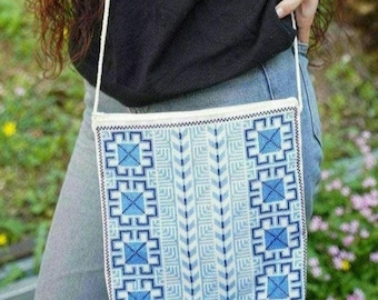 Tatreez Crossbody Bag Blue White - Handmade Embroidered Palestinian Bag