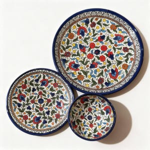 Handbemaltes Hebron Tellerset aus Palästina - 3-teiliges florales Keramik Geschirr Set