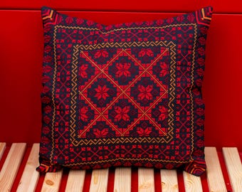 Tatreez Pillow Cover Red - Hand-Embroidered Palestinian Cushion Cover