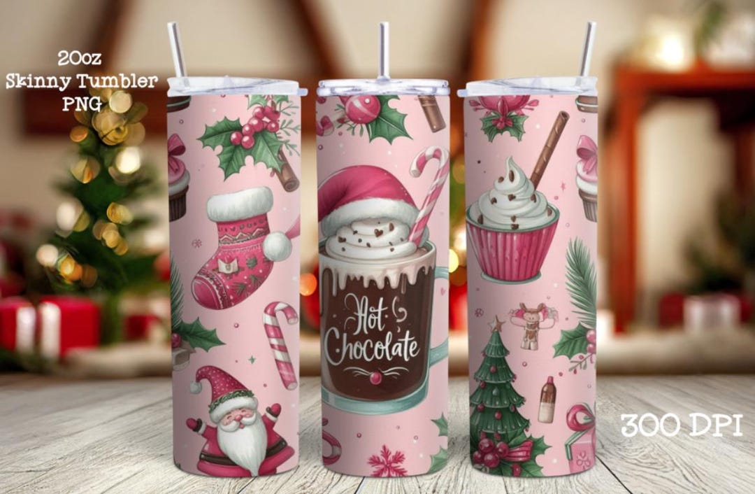 Christmas 20 Oz Skinny Tumbler Wrap PNG, North Pole Hot Chocolate, Pink ...