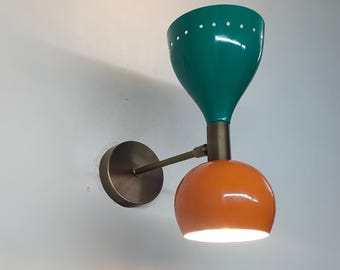 Mid-Century Modern Dual Shade Wall Sconce–Handmade Brass Wall Light with Teal & Orange Shades
