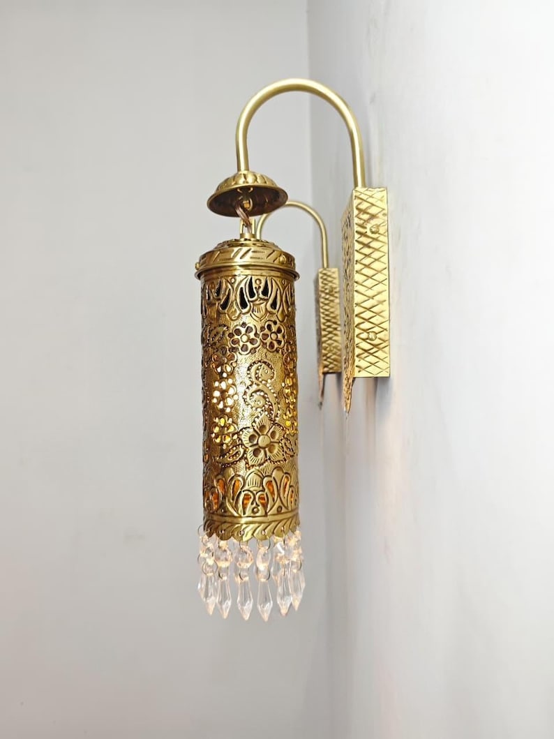 Vintage style solid brass wall mount lantern with crystal finish