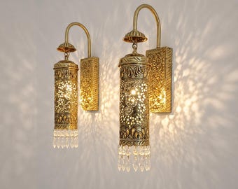 Handmade Brass Moroccan Wall Sconce – antique lamp vintage carved lantern style Boho wall light