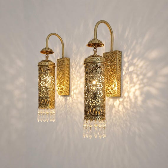 Handmade Brass Moroccan Wall Sconce – antique lamp vintage carved lantern style Boho wall light