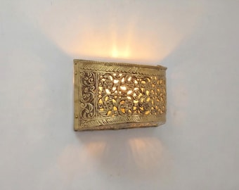 Handmade Moroccan brass Wall Lamp – vintage carved Floral style Boho wall light for living room