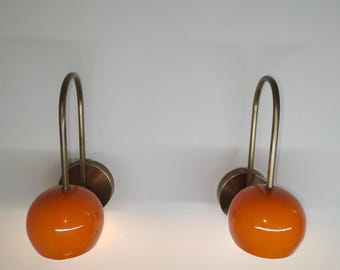 Orange ball Pair of Mid-Century  Brass Wall Sconces | Orange Dome Shade