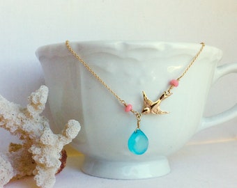 Bird & Chalcedony Necklace, sterling silver, *Free US Shipping*