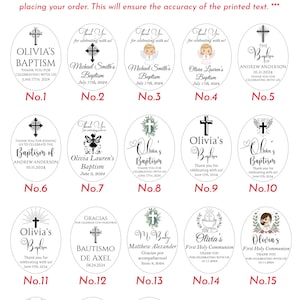May include: Customizable design options for baptism, first holy communion, and christening. The image displays various oval-shaped designs with text and graphics, including crosses, angels, and floral elements. Each design includes names and dates, with the text "Thank you for celebrating with us!"