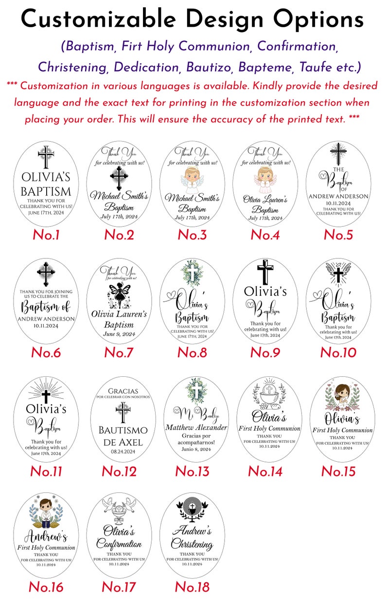 May include: Customizable design options for baptism, first holy communion, and christening. The image displays various oval-shaped designs with text and graphics, including crosses, angels, and floral elements. Each design includes names and dates, with the text "Thank you for celebrating with us!"