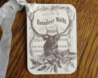 Christmas Gift Tags Reindeer Waltz Vintage Style Antlered Reindeer Music Background Sepia Tone Set of 7