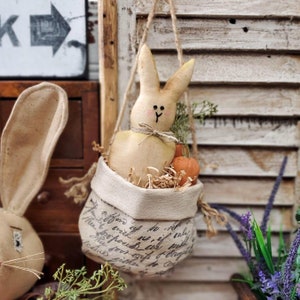 Handmade Primitive Easter Bunny - Bunny & Two Carrots In a Hanging Bag