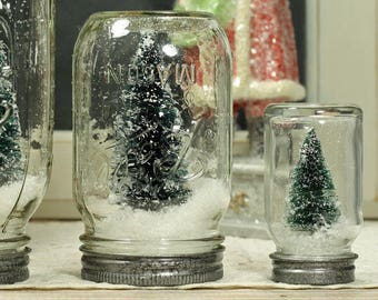 3" Ball Mason Jar Dry Snow Globe Bottlebrush Tree Upcycled Christmas Decor Table Centerpiece