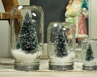 7" Ball Mason Jar Dry Snow Globe Bottlebrush Tree Upcycled Christmas Decor Table Centerpiece