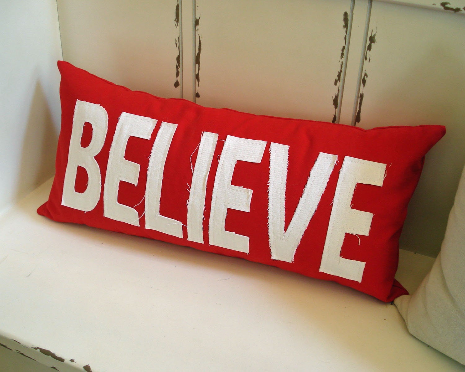 Believe Pillow Applique Word Pillow Red with White Raw Edge Etsy