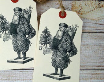 Victorian Pinecone Santa Hang Tags Vintage Inspired Large Christmas Gift Tag Set of 6