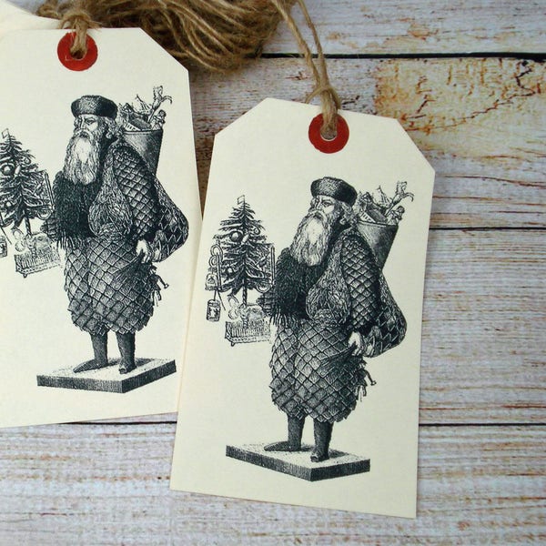 Victorian Pinecone Santa Hang Tags Vintage Inspired Large Christmas Gift Tag Set of 6