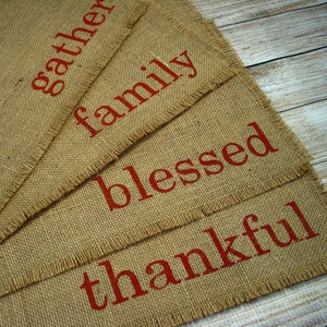 Thanksgiving Placemats Burlap Placemats 4 Reversible Placemats, Hand Painted Lettered Table Mats Farmhouse Decor Place Mats image 1