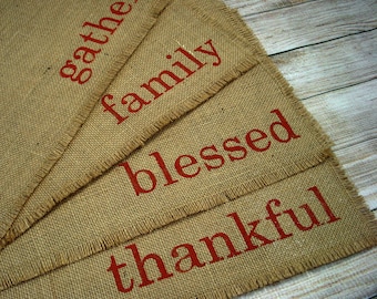 Thanksgiving Placemats Burlap Placemats (4) Reversible Placemats, Hand Painted Lettered Table Mats Farmhouse Decor Place Mats