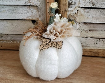 Fabric Pumpkin Soft Neutral White with handmade flower and leaf crinkled paper and real stem cottage core shabby style 120531